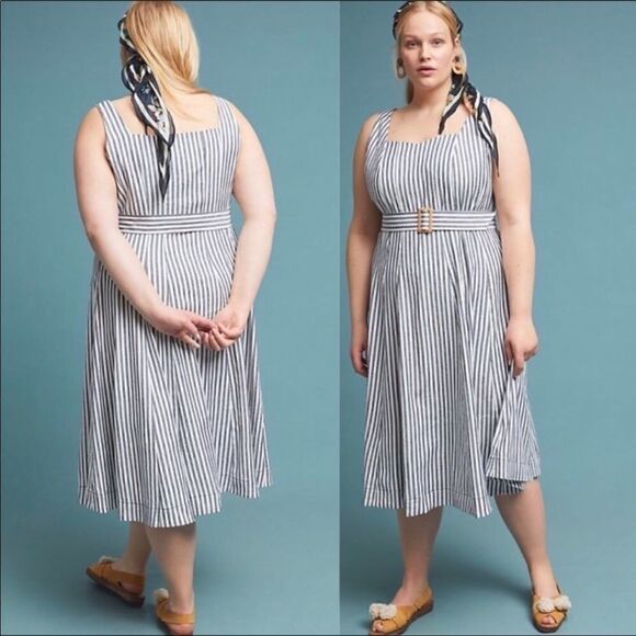Anthropologie Fowler Linen Blend Dress Striped Maeve Navy size 16W - Picture 1 of 10